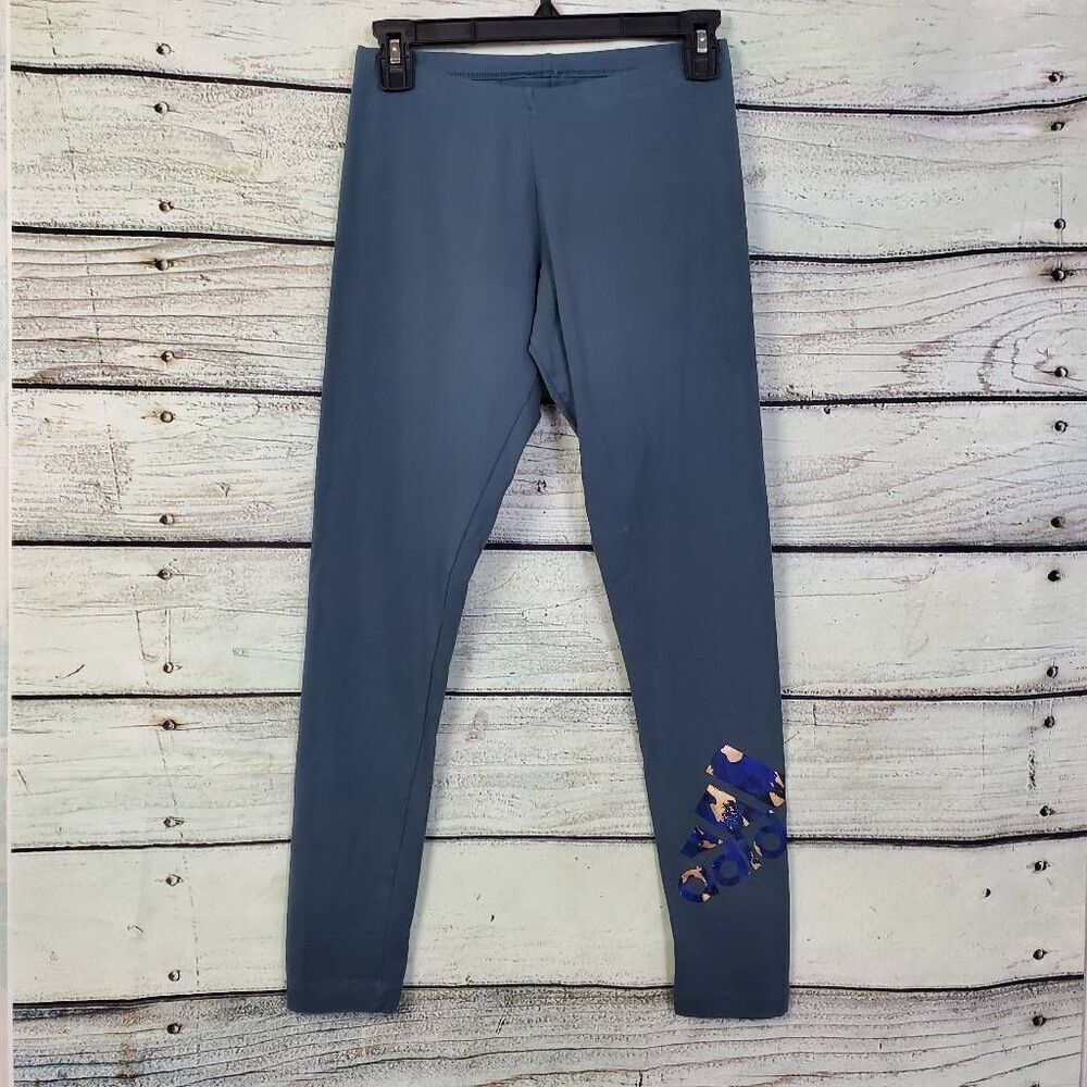 Adidas Women's Small Blue Stretch Leggings Leopard Logo Graphic Tight Fit Active